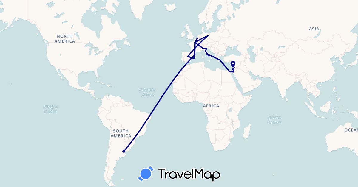 TravelMap itinerary: driving in Argentina, Belgium, Germany, Egypt, Spain, France, Greece, Israel, Italy (Africa, Asia, Europe, South America)
